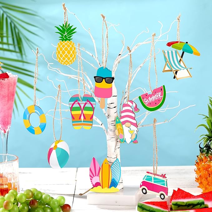 Geelin 36 Pcs Summer Wood Hanging Ornaments for Tree Mini Tree Decorations Hawaiian Beach Wooden Pendant Decorations with String for Luau Party Supplies(Cute Style)