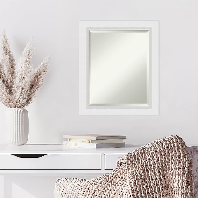 Amanti Art White Wall Mirror 24x20 Blanco White Rectangle Bathroom Mirror for Wall Decor Living Room, Small Modern Wood Frame, Hangs Horizonally and Vertically, Bathroom Decor, Beveled Edge