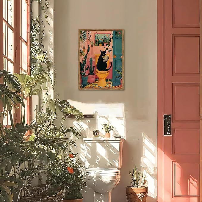 Funny Black Cat Bathroom Wall Art Whimsical Cat Reading Newspaper on Toilet Wall Decor Picture Cute Animal Bathroom Poster Canvas Painting Prints for Restroom 12x16 inch Framed