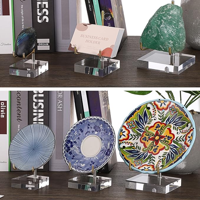 Hipiwe Clear Acrylic Display Stand Holder with Adjustable Metal Arms Display Easel Stands for Gemstones Fossils Minerals Agate Slabs Plates Crystals Saucers Collectibles, 3.1x3.1x4.5 inch