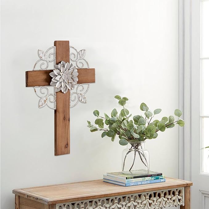 SOFE Rustic Crosses Wall Decor with Metal Floral - Large Wall Crosses for Home Decor - Hanging Decorative Crosses Wall Decor - Spiritual Art for Church Religious