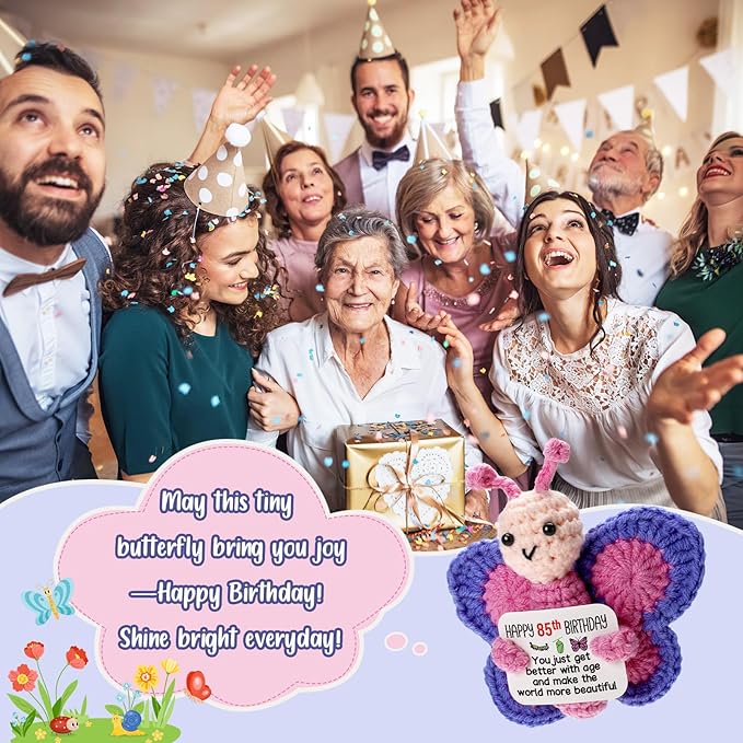 85th Birthday Gifts for Women, Tiny Crochet Butterfly Plush with Pink Purple Wings Holding Positive Note, Happy 85th Birthday Decoration & Gift for 85 Year Old Women