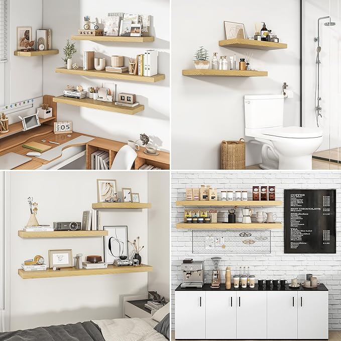 RICHFOCUS 16Inch Floating Shelves for Wall 2 Pack Shelves for Bedroom|Kitchen|Bathroom Wall Mounted Rustic Wood Floating Shelf with Invisible Brackets for Books|Storage|Decor, Oak