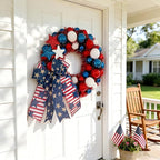 HipTree 13 Inch Patriotic Ball Wreath for Front Door with Lights, 4th of July Wreath with Red White Blue Stars & Ribbon for Memorial Day, Independence Day,Veterans Day, Flag Day,Summer Decorations
