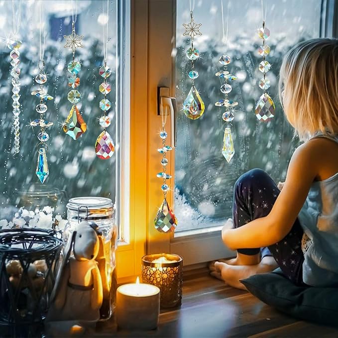 GuassLee Christmas Crystal Prism Ornaments for Christmas Tree - 6pcs Iridescent Teardrop Crystal Glass Sun Catcher for Christmas Decorations Indoor Tree Birthday Party Decor