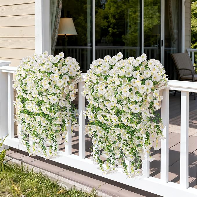 Artificial Hanging Petunias Flowers for Outdoor, 2pcs Fake Plants Long Vine Morning Glory Eucalyptus, UV Resistant Realistic Faux Greenery Indoor Outside Patio Porch Garden Spring Summer Decor, White