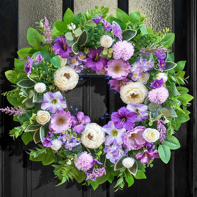 Spring Wreaths for Front Door Outside 24 Inch,Summer Wreath with Purple Morning Glory,Peony and Hydrangea,Spring Door Wreath for Indoor Outdoor Farmhouse Wall Proch Home Decor
