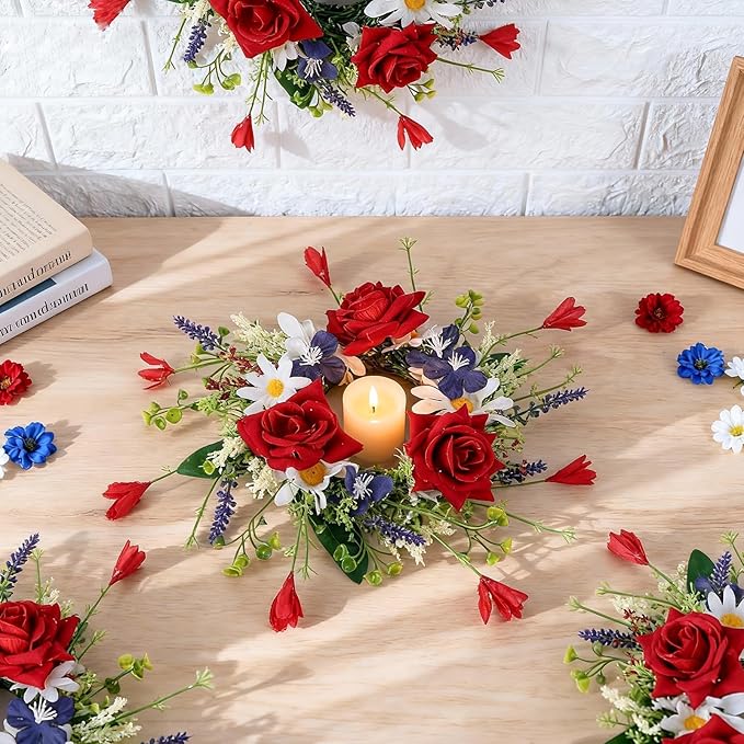 4 PCS Mini Patriotic American Cabinet Wreaths Small Red White and Blue Floral Wreath for Front Door with Ribbon Roses Daisy Forsythia July Independence Day Hanging Wreath for Porch Wall Window Decor