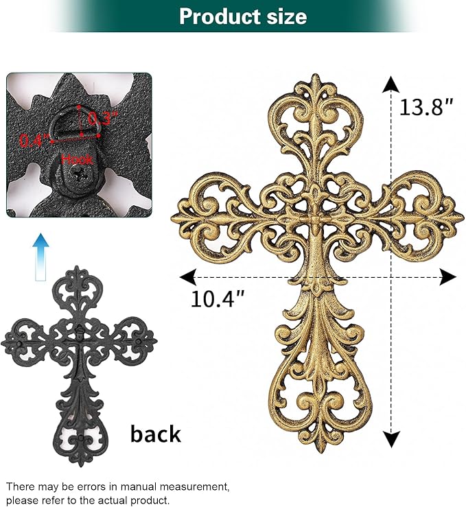 Sungmor Vintage Cast Iron Cross Wall Decor, 13.8" Tall Heavy Duty Rustic Gold Finish Wall Sculpture,Ornate Metal Art Farmhouse Home Decor