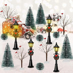 16 PCS Christmas Figurine Village Accessories, Mini Street Light Models with Brush Trees, Miniature Christmas Pathway Street Lamps Lantern Post for DIY Micro Landscape Fairy Garden