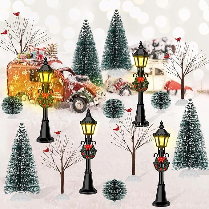 32 PCS Christmas Figurine Village Accessories, Mini Street Light Models with Brush Trees, Miniature Christmas Pathway Street Lamps Lantern Post for DIY Micro Landscape Fairy Garden