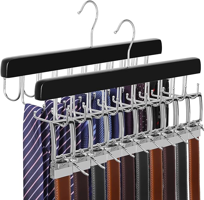 TOPIA HANGER 2 Pack 2 in 1 Belt Tie Hanger for Closet Max 60 Belts with 60 Ties Capacity, 40 Hooks Belt Tie Racks Wooden Hanger for Closet Organizer Storage “U” Fit Belt and “一” Fit Tie - CT52B
