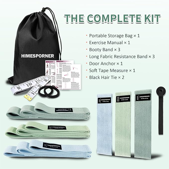 9 PCS Fabric Resistance Bands Set for Working Out, Non-Slip Exercise Booty Bands for Women & Men Leg and Glutes with Hair Ties and Tape Measure - for Home Gym Workout, Yoga, Pilates