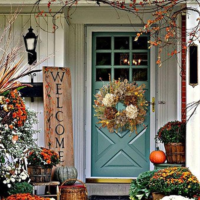 WANNA-CUL 24 Inch Fall Spring Wreaths for Front Door with Hydrangea,Little Pumpkins-Fall Decorations for Home,Fall Door Wreath Decor for Summer,Autumn,Harvest, Halloween or Thanksgiving