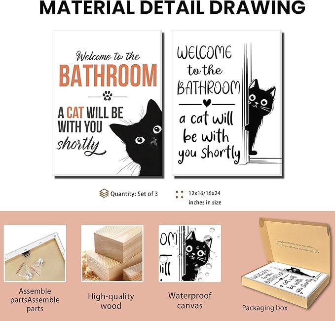 MUWAK Funny Welcome to the Bathroom Slogan Wall Art Set of 2 – Cat will Be With You Shortly Canvas Prints, Funny Bathroom Sign Pictures Wall Decor for Restroom, Washroom – 12x16in