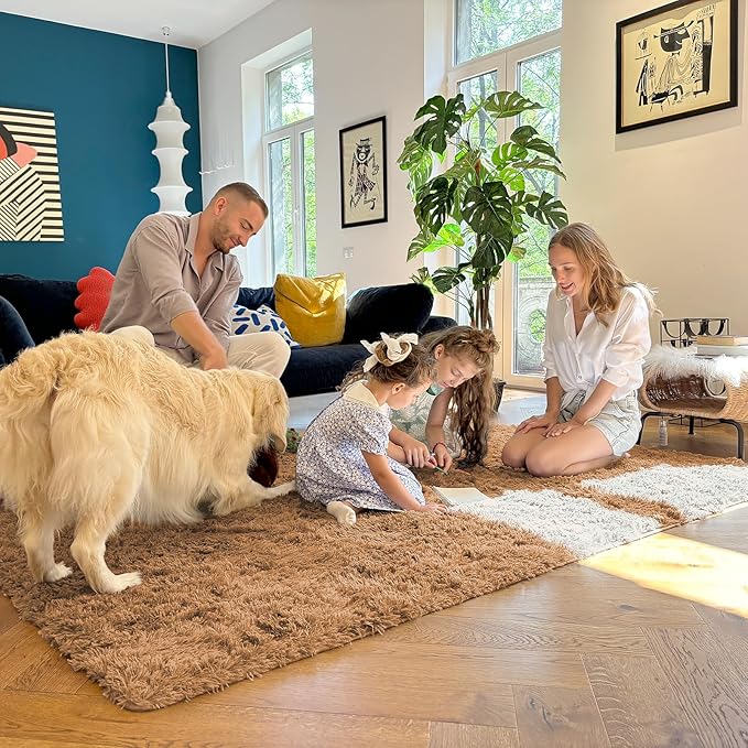 OLANLY 8x10 Machine Washable Large Area Rugs for Living Room, Bedroom, Soft Fluffy Shaggy Bedside Rug, Indoor Floor Carpet for Kids Girls and Boys, Dorms, Nursery, Home Decor Aesthetic, Khaki