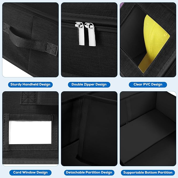 2 Pack Hat Storage for Baseball Caps-Holds Up to 48 Caps, Hat Organizer for Closet Stackable Hat Box with Cardboard, Dustproof Baseball Cap Organizer with 2 Handles for Home Travel (Black, 2Pack)