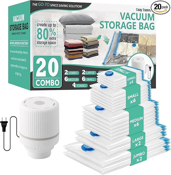 Cozy Essential Vacuum Storage Bags, Space Saver Bags，Compression for Comforters and Blankets, Pillow, Bedding, Sealer Clothes Storage, 20 ECombo