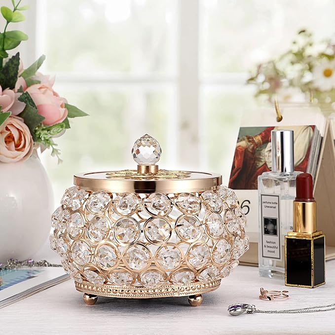 Hipiwe Crystal Jewelry Trinket Box with Glass Lid Gold Mirrored Treasure Box Decorative Jewelry Box Ring Earrings Necklace Storage Keepsake Box Gift for Women