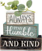 Lineshading 4 Pcs Inspirational Farmhouse Table Decor Always Stay Humble and Kind Stacked Wooden Block Signs with Inspirational Quote Eucalyptus Leaves for Home, Living Room, Shelf Housewarming Gift