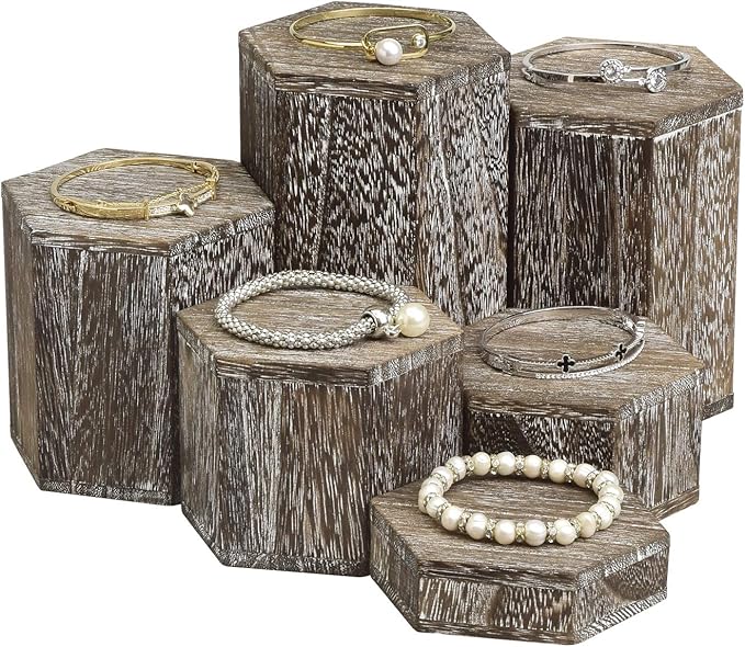 MOOCA Wooden 6 Pcs Hexagon Risers for Display Jewelry and Accessories Display Stand, Coffee