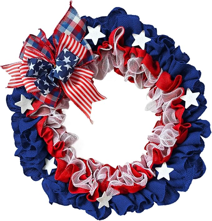 XKCL Patriotic Burlap Wreaths, 20 Inch 4th of July Wreath for Front Door Decorations Memorial Day Wreath Handcrafted American Flag Printed (Bule＆red)