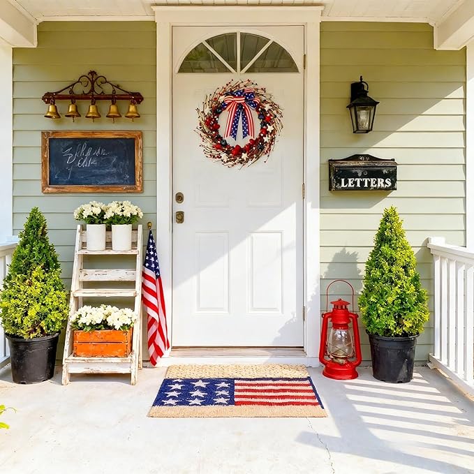 zjlmit 22 Inch 4th of July Wreath with Grapevine Base - Red White and Blue Berry Patriotic Wreath with Hanging Loop for Front Door, Independence Day & Memorial Day Decor
