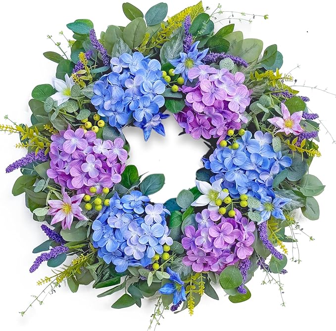 24 Inch Spring Summer Wreaths for Front Door - Blue & Purple Hydrangea Spring Door Wreath, Monet-Inspired Floral Decor with Hydrangea and Clematis for French Country, Spring and Summer, Indoor Outdoor