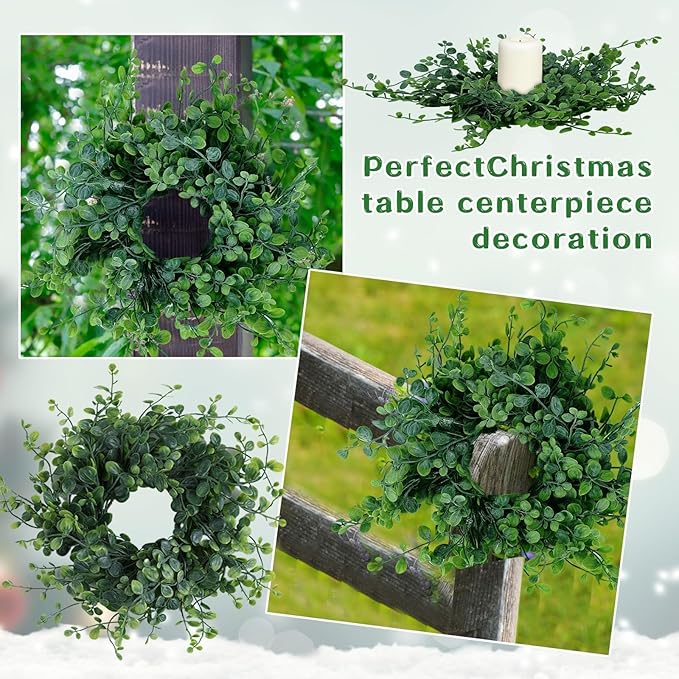 6 Pcs Mini Green Boxwood Candle Rings Wreaths Spring Summer Kitchen Cabinet Swags Wreath 3 Inch Wedding Rings Wreaths Pillar Candle Holder for Wedding Home Door Tabletop Decor