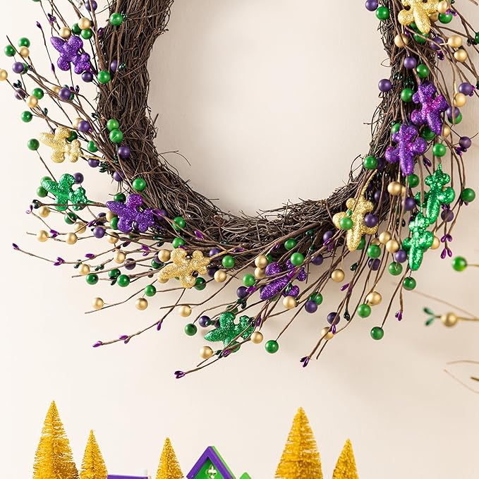 Glitzhome 20" Wreath Decoration Glitter Purple Gold Green Berry & Fleur-de-Lis Wreath Carnival Front Door Decoration for Indoor Outdoor Holiday Party Favors