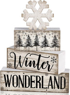 Lineshading 4 Pcs Winter Table Decorations Wooden Snowflake Decor Winter Tiered Tray Decor Rustic Snow Block Signs Gift Farmhouse Christmas Centerpiece for Wonderland Party Kitchen Home