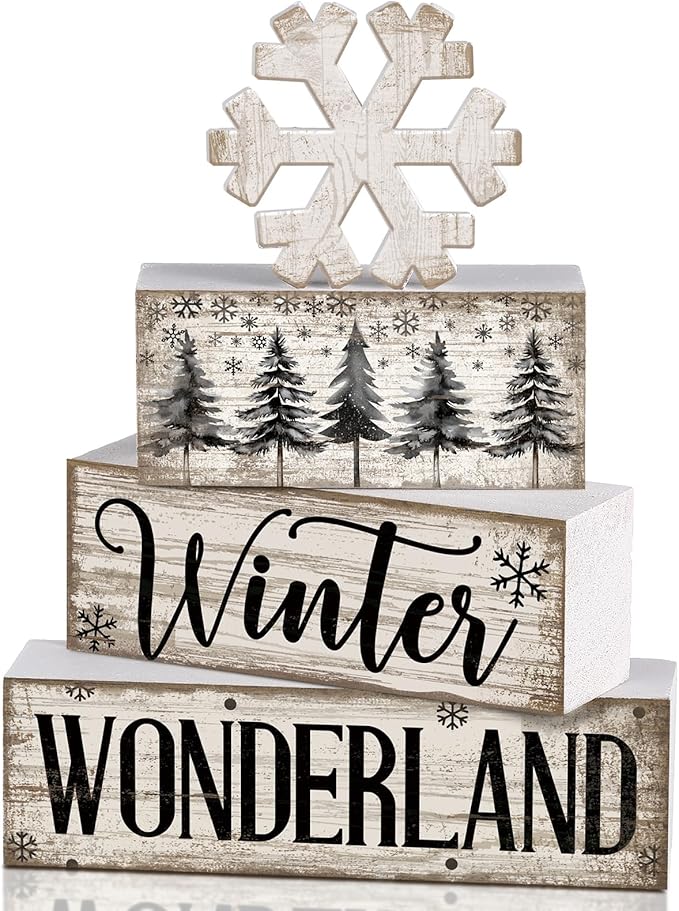 Lineshading 4 Pcs Winter Table Decorations Wooden Snowflake Decor Winter Tiered Tray Decor Rustic Snow Block Signs Gift Farmhouse Christmas Centerpiece for Wonderland Party Kitchen Home