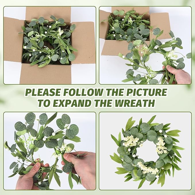 8 Pcs Small Eucalyptus Wreaths Spring Summer Artificial Green Wreath with White Berries Mini Green Kitchen Cabinet Wreaths with Ribbon for Front Door Porch Wall Window Farmhouse Decoration