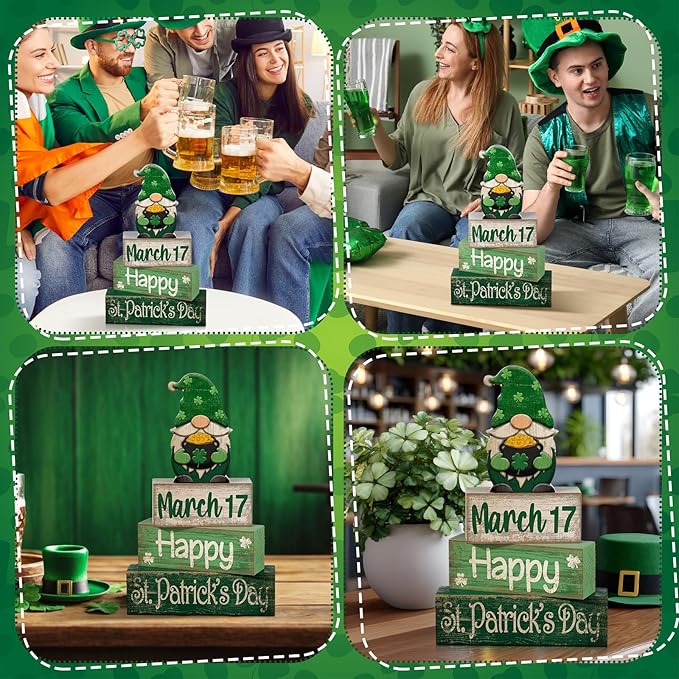 Lineshading 4 Pcs St Patricks Day Table Decoration Wooden St Patrick's Day Gnomes Tiered Tray Decor Irish Centerpiece Green Lucky Gnomes Block Signs Gifts for Saint Patty's Party Home Kitchen