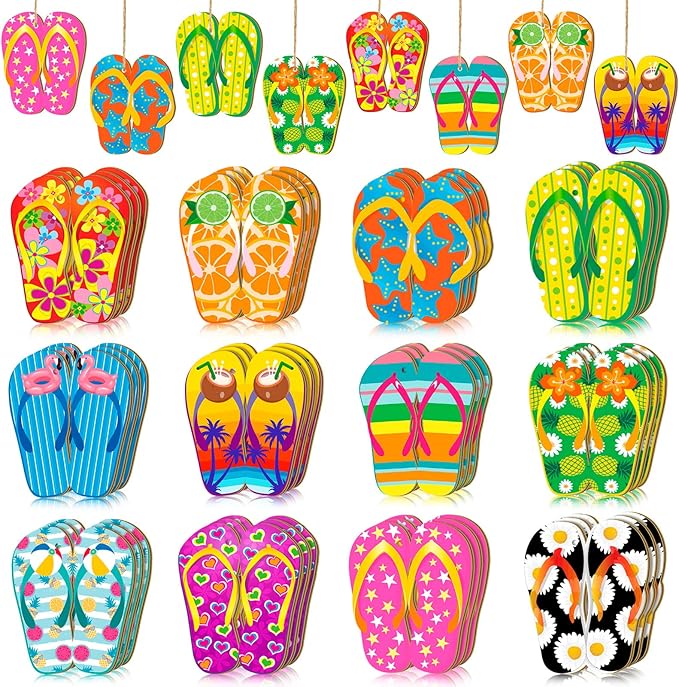 Geelin 36 Pcs Summer Wood Hanging Ornaments for Tree Mini Tree Decorations Hawaiian Beach Wooden Pendant Decorations with String for Luau Party Supplies(Slipper)