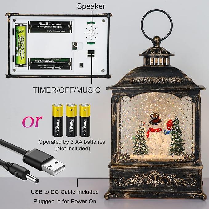 Wondise Christmas Musical Snow Globes with Timer, USB Plug-in & Battery Operated Spinning Water Glitters Lighted Singing Snow Globe Lantern for Christmas Thanksgiving Holiday Decorations(Snowman)