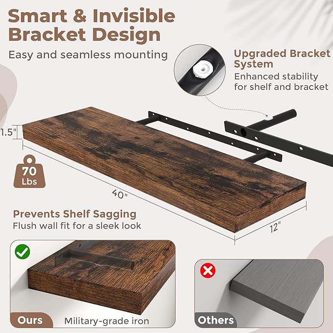 40 Inch Long Floating Shelves for Wall 2 Pack, 12"D Wood Grain Bathroom Shelves with Invisible Brackets, Easy Install Engineered Wood Storage Shelves for Kitchen, Living Room, Bedroom, Rustic Brown