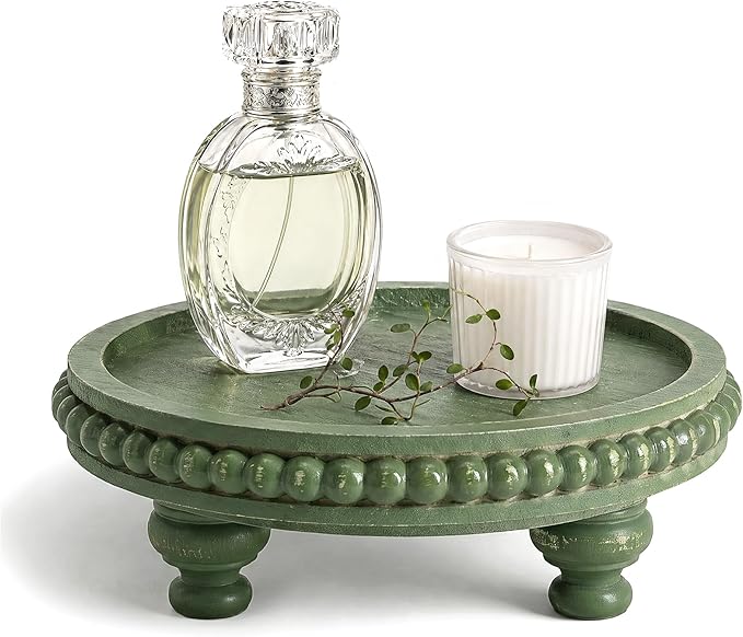 EOSAHR Round Pine Wooden Riser for Home Decor - Beaded Decorative Tray for Coffee Table - Wood Riser for Small Plant Stand & Sink Sponge Holder, Perfume Display Stand (Green)
