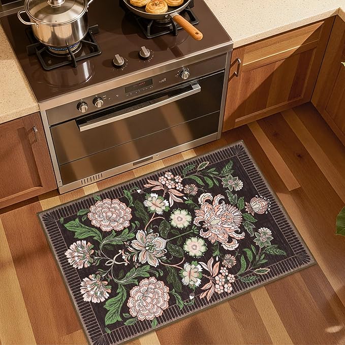 GarveeHome Plum Pink Floral 2x3 Door Mat Indoor Rugs for Entryway Small Black Purple Vintage Boho Cottage Throw Washable Non-Slip Low-Pile Rug for Bedroom Kitchen Bathroom Entrance