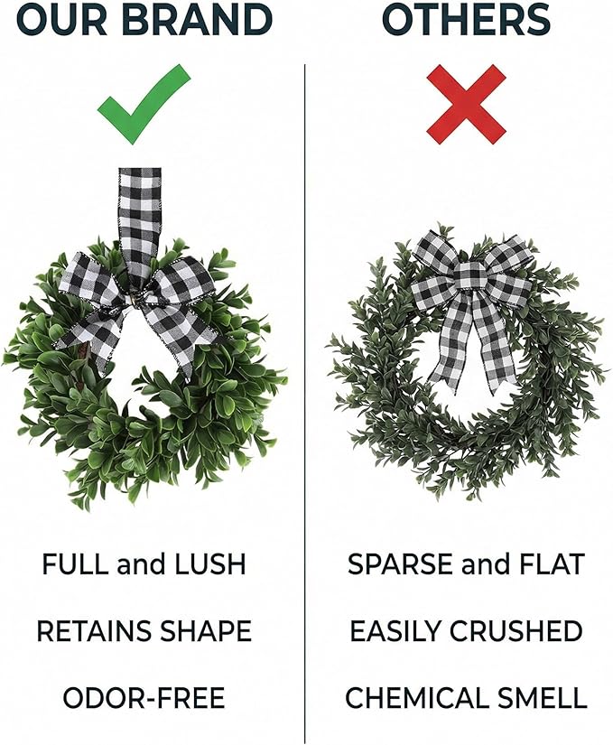 6 Pcs 9" Mini Eucalyptus Wreaths for Kitchen Cabinets, Small Farmhouse Greenery Wreath with Buffalo Check Bow, Realistic Boxwood Leaf Window Indoor Outdoor Decor, UV Protected