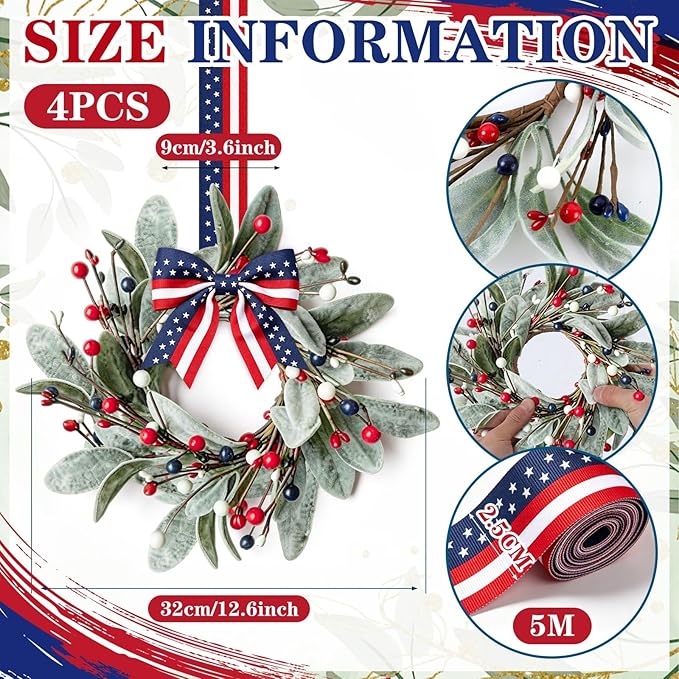 4 PCS Patriotic 4th of July Hanging Wreaths for Cabinets Small Independence Day Wreaths for Front Door with Red White Blue Berries & Lamb's Leaves Memorial Day Labor Day Mini Wreath for Home Decor