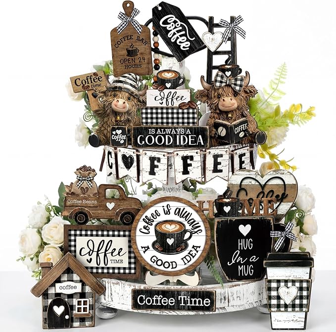 Mifoci 23 Pcs Coffee Tiered Tray Decorations Highland Cow Wooden Farmhouse Coffee Bar Accessories Signs Mugs & Rustic Highland Cow for Kitchen Table Centerpiece