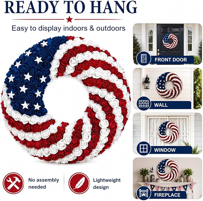 1 Pcs 18 Inch Patriotic Wreath for Front Door 4th of July Wreath Red White Blue Rose Front Door Decor Independence Memorial Artificial Rose Wreaths for 250th Anniversary Porch Wall Indoor Outdoor