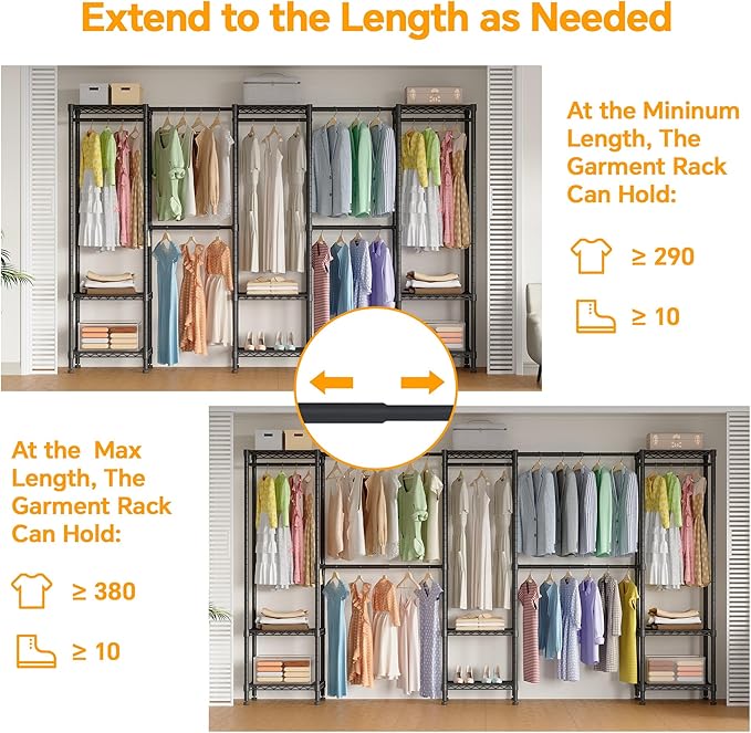 H11 Large Clothing Rack for Hanging Clothes Heavy Duty Garment Rack, Freestanding Wardrobe Closet Organizer and Storage with Expandable Hanger Rods, Extendable from 7.8 to 10.8 ft, Black