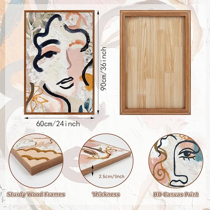 KAlRNE Abstract Woman Wall Art Set of 3(24”X36”),Boho Modern Line Wall Decor,Modern Matisse Framed Canvas Paintings, Floral Graffiti Art Prints For Living Room Bedroom Women Office Decoration