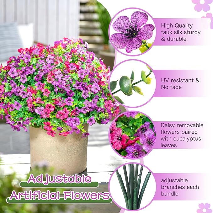 QUNPON Artificial Flowers for Outdoors,Faux Flowers Daisy with Eucalyptus Leaves for Indoor Garden Home Decoration,UV Resistant Artificial Flower Fake Plants for Porch Patio, 12 Bundles (Purple Pink)