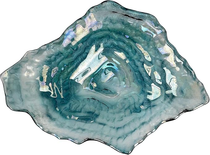 Things2Die4 Oyster Shaped Decorative Plate, 10 X 7.5 Inch Iridescent Sea Blue Glass Accent Dish for Coastal Table Decor, Freeform Wavy Shell Design for Entryway or Living Room