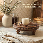 EOSAHR Pine Round Wood Riser for Room Decor - Beaded Pedestal Tray for Perfume Tray, and Bathroom Tray-Ideal Farmhouse Boho Kitchen Counter Decor for Apartment Essentials(Vintage Brown)