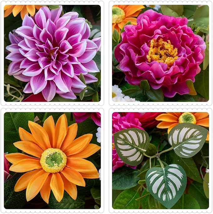 Spring Summer Wreaths for Front Door 24 Inch with Dahlia, Peony & Daisy Spring Wreaths for Front Door Outside Summer Door Wreath for Entryway, Porch & Home Décor Outdoor Summer Wreath
