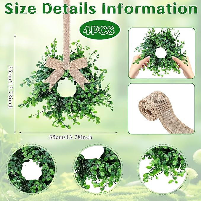 4 Pcs Mini Spring Wreaths Boxwood Table Centerpieces Green Pillars Candle Rings Wreaths 9 Inch Wreath for Cabinets Farmhouse Wreath with Ribbon for Front Door Porch Wall Window Decoration